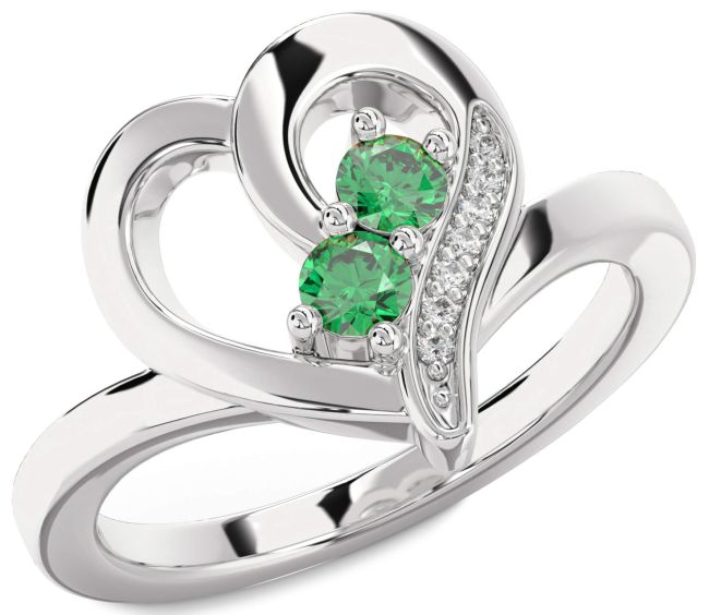 Diamond Emerald Silver Heart Two Stone Birthstone Ring