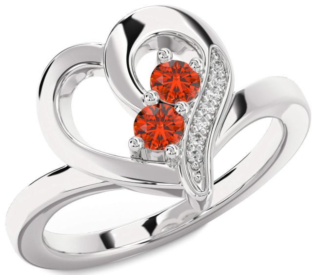 Diamond Fire Opal Silver Heart Two Stone Ring