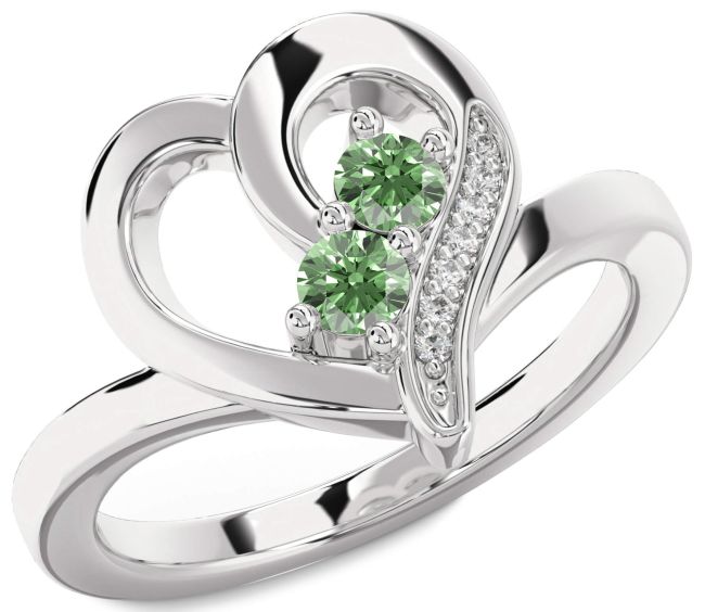 Green Diamond Silver Heart Two Stone Ring