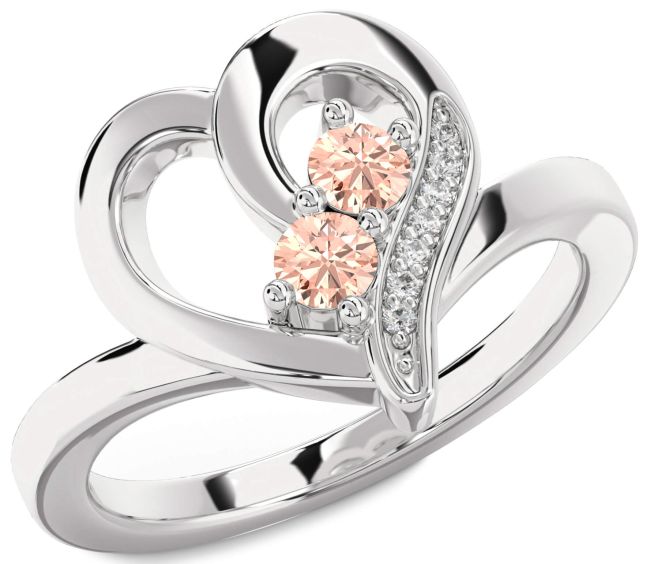 Diamond Morganite Silver Heart Two Stone Ring