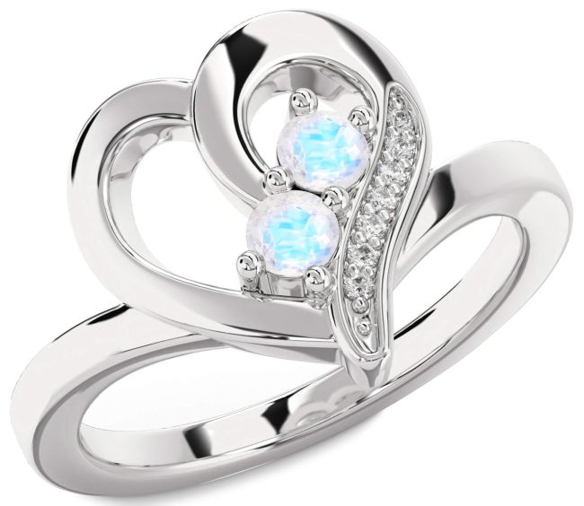 Diamond Moonstone Silver Heart Two Stone Ring
