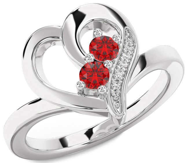 Diamond Ruby Silver Heart Two Stone Birthstone Ring
