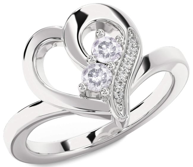 Salt & Pepper Diamond Silver Heart Two Stone Ring