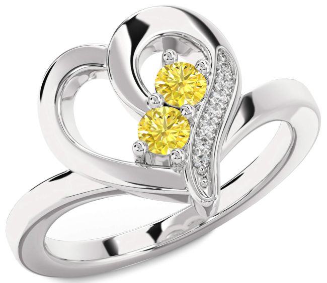 Yellow Diamond Silver Heart Two Stone Ring