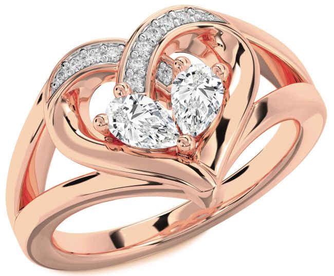 Diamond Rose Gold Silver Heart Two Stone Ring