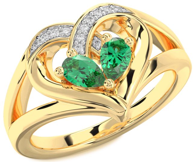Diamond Emerald Gold Heart Two Stone Birthstone Ring