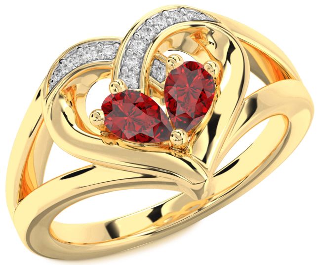 Diamond Ruby Gold Heart Two Stone Birthstone Ring