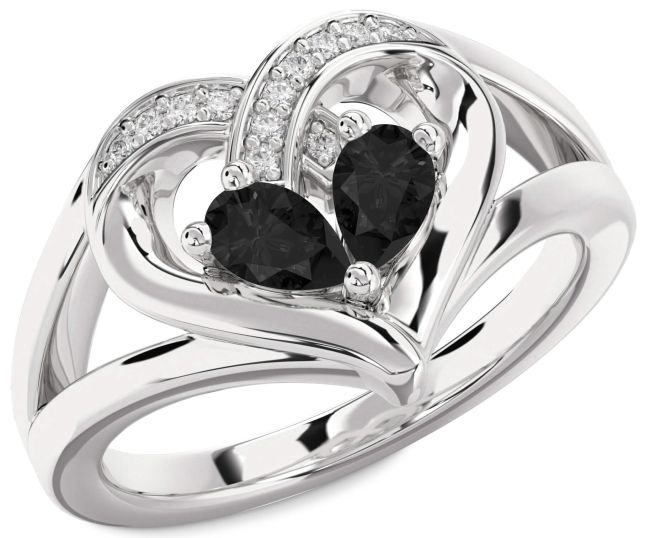 Black Diamond Silver Heart Two Stone Ring