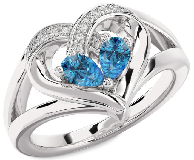 Blue Diamond Silver Heart Two Stone Ring