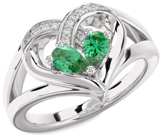 Diamond Emerald Silver Heart Two Stone Birthstone Ring