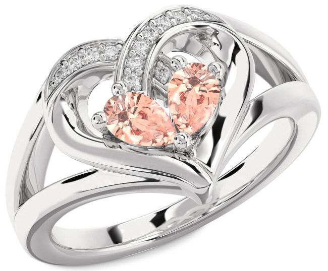 Diamond Morganite Silver Heart Two Stone Ring