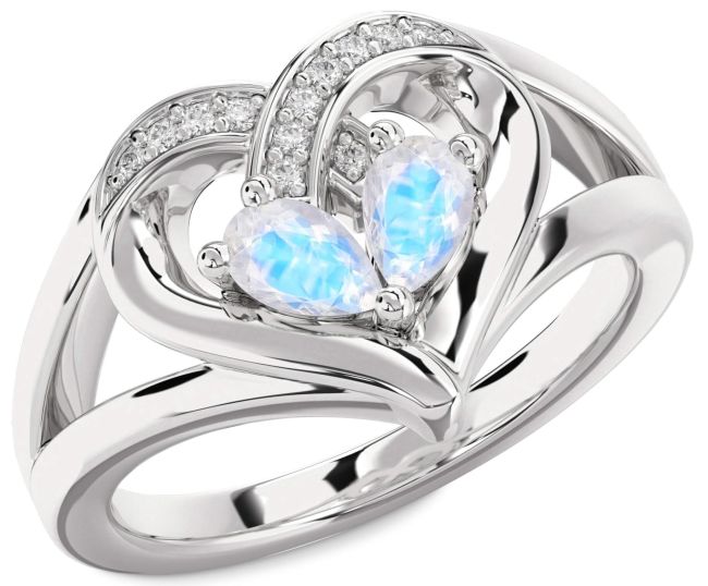Diamond Moonstone Silver Heart Two Stone Ring