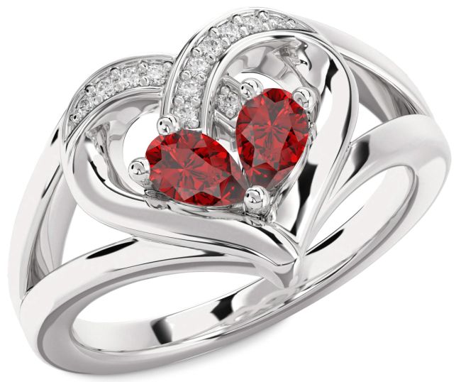 Diamond Ruby Silver Heart Two Stone Birthstone Ring