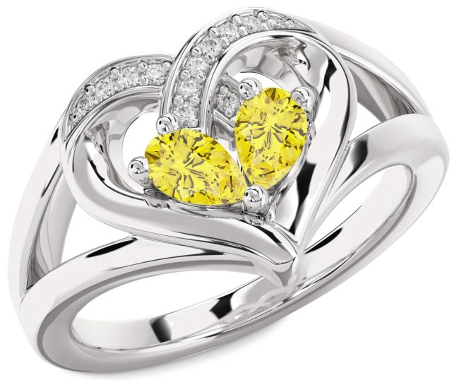 Yellow Diamond Silver Heart Two Stone Ring