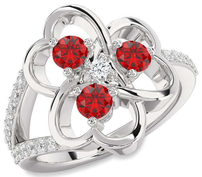 Diamond Ruby Silver Shamrock Round Four Stone Birthstone Ring