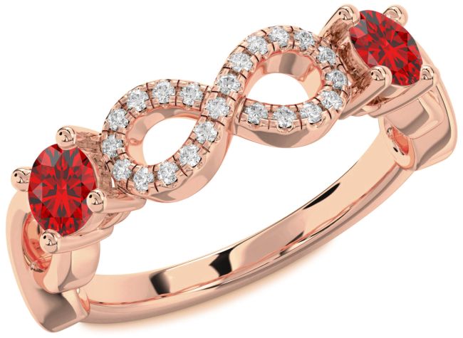 Diamond Ruby Rose Gold Infinity Round Two Stone Birthstone Ring