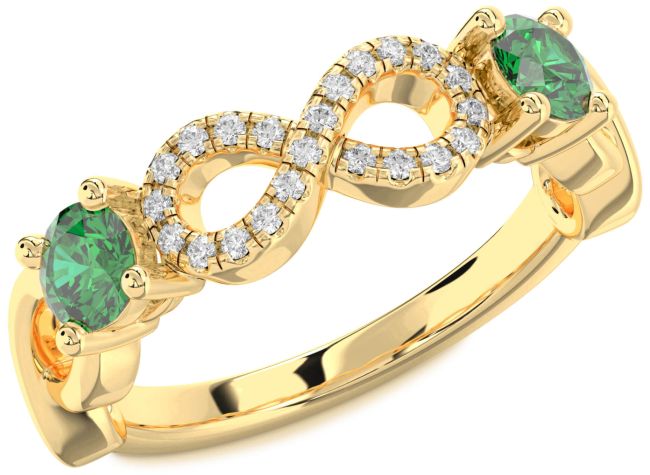 Diamond Emerald Gold Infinity Round Two Stone Birthstone Ring