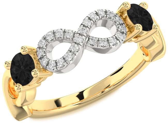 Black Diamond Gold Silver Infinity Round Two Stone Ring