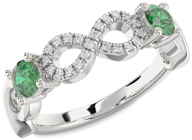 Diamond Emerald Silver Infinity Round Two Stone Birthstone Ring