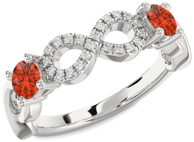 Diamond Fire Opal Silver Infinity Round Two Stone Ring