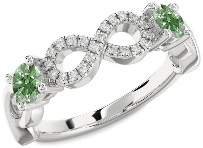 Green Diamond Platinum Infinity Round Two Stone Ring
