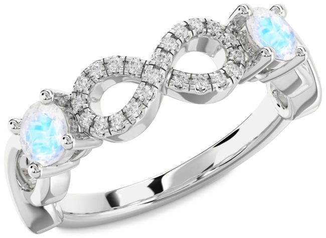 Diamond Moonstone Silver Infinity Round Two Stone Ring