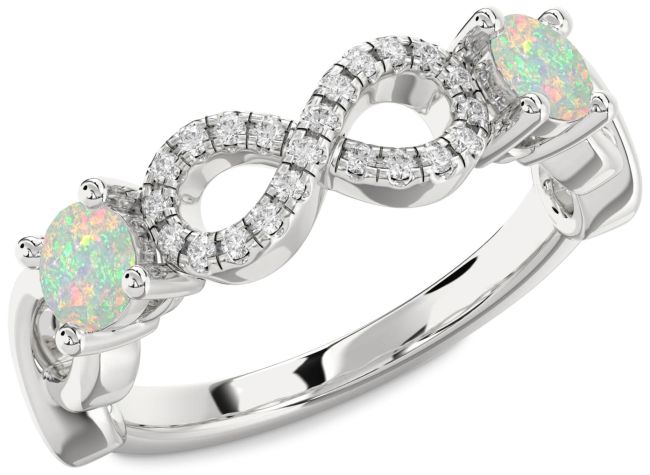 Diamond Opal Silver Infinity Round Two Stone Birthstone Ring