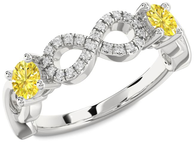 Yellow Diamond Silver Infinity Round Two Stone Ring