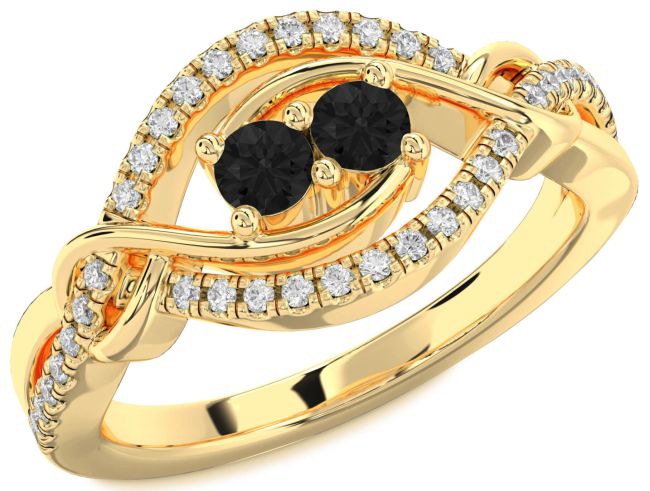 Black Diamond Gold Round Two Stone Ring