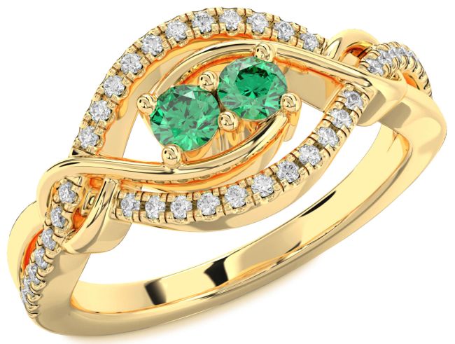 Diamond Emerald Gold Round Two Stone Birthstone Ring