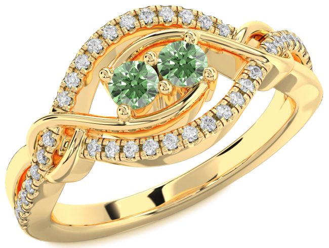 Green Diamond Gold Silver Round Two Stone Ring