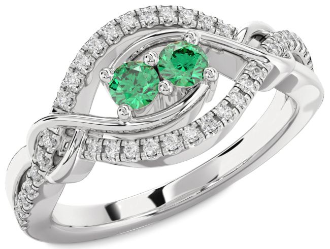 Diamond Emerald Silver Round Two Stone Birthstone Ring