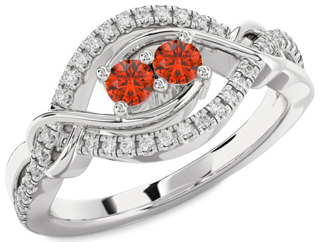 Diamond Fire Opal Silver Round Two Stone Ring