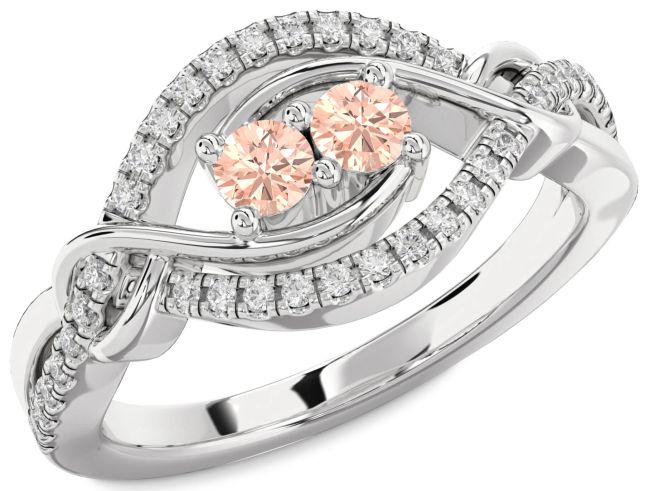 Diamond Morganite Silver Round Two Stone Ring