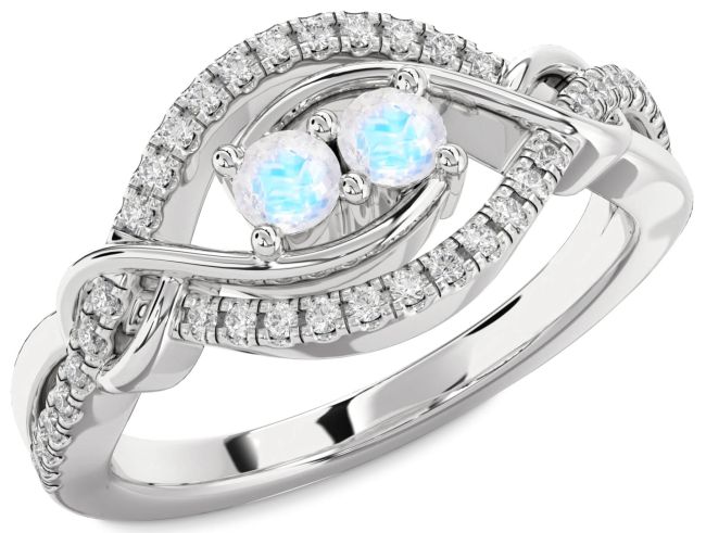 Diamond Moonstone Silver Round Two Stone Ring
