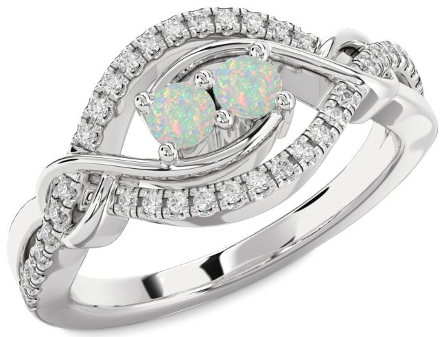 Diamond Opal Silver Round Two Stone Birthstone Ring