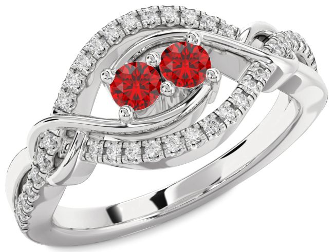 Diamond Ruby Silver Round Two Stone Birthstone Ring