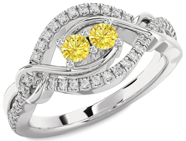 Yellow Diamond Platinum Round Two Stone Ring