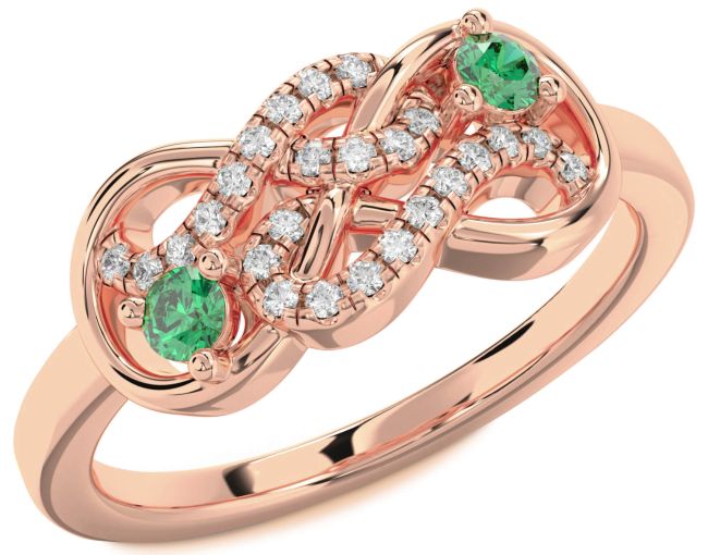 Diamond Emerald Rose Gold Infinity Round Two Stone Birthstone Ring