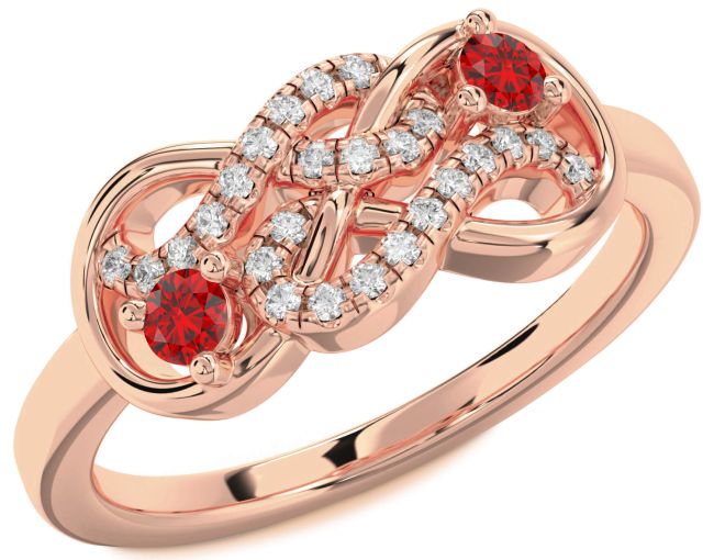 Diamond Ruby Rose Gold Infinity Round Two Stone Birthstone Ring