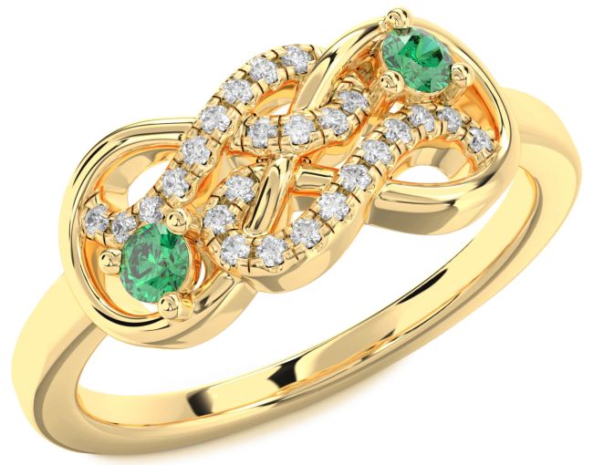 Diamond Emerald Gold Infinity Round Two Stone Birthstone Ring