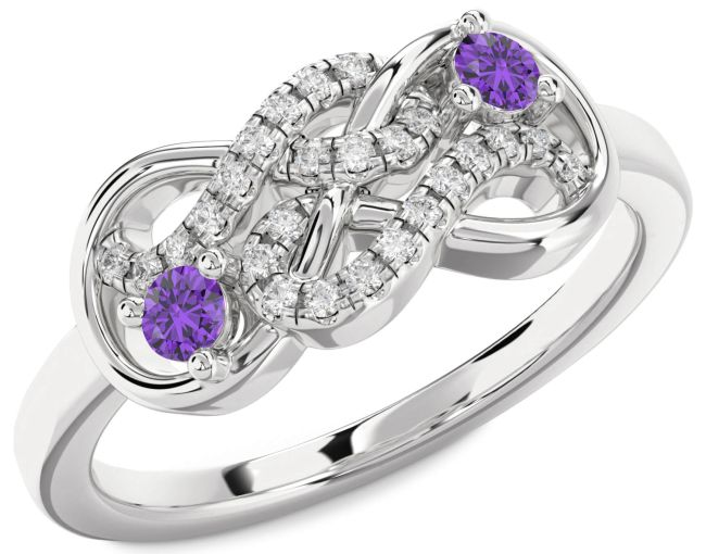 Diamond Amethyst Silver Infinity Round Two Stone Birthstone Ring