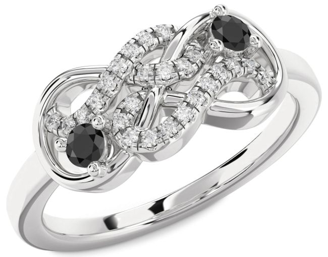 Diamond Black Onyx Silver Infinity Round Two Stone Ring