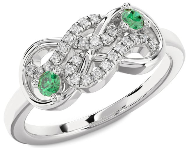Diamond Emerald Silver Infinity Round Two Stone Birthstone Ring