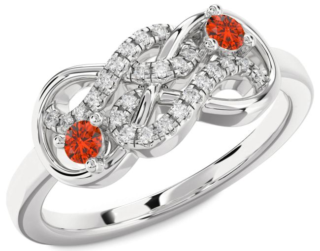 Diamond Fire Opal Silver Infinity Round Two Stone Ring