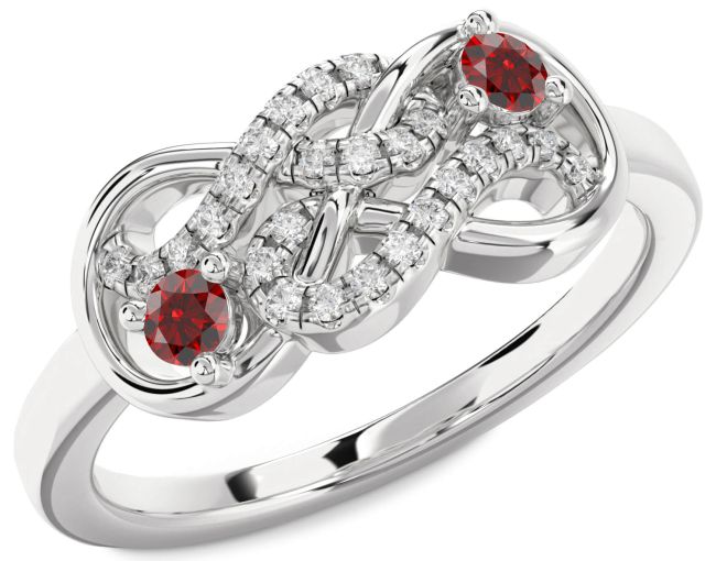 Diamond Garnet Silver Infinity Round Two Stone Birthstone Ring