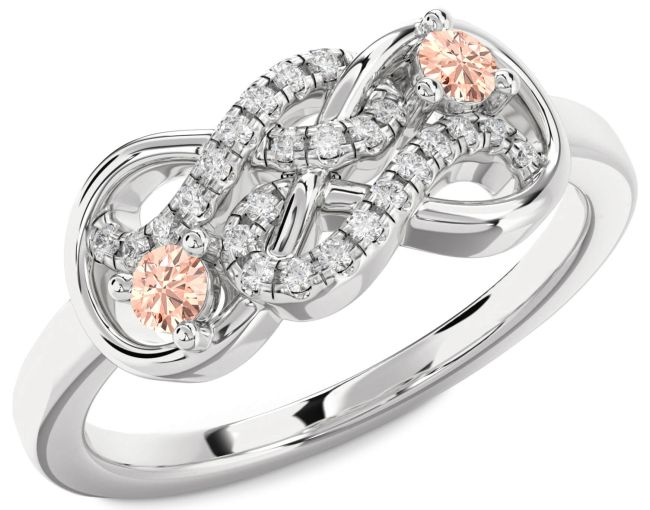 Diamond Morganite Silver Infinity Round Two Stone Ring
