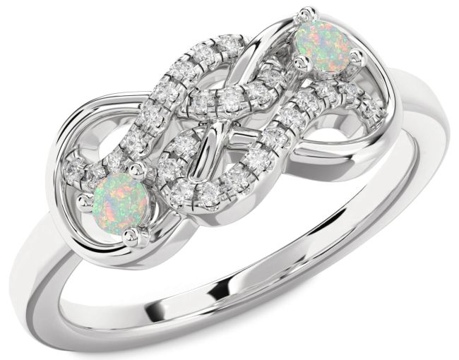 Diamond Opal Silver Infinity Round Two Stone Birthstone Ring