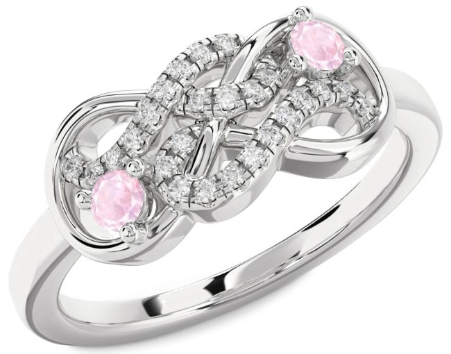 Diamond Rose Quartz Silver Infinity Round Two Stone Ring