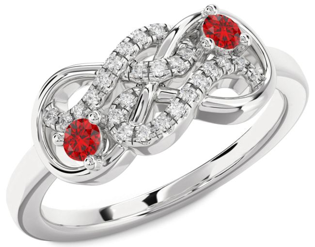 Diamond Ruby Silver Infinity Round Two Stone Birthstone Ring